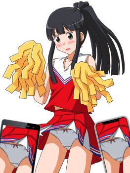 1girl blush bow bow_panties cellphone cheerleader clothes_lift commentary_request commission cowboy_shot crotch_seam hair_tie highres holding holding_phone holding_pom_poms lielos light_frown long_hair looking_at_viewer midriff_peek miniskirt navel open_mouth original out_of_frame panties pantyshot partial_commentary phone pixiv_commission pleated_skirt pom_pom_(cheerleading) pom_poms ponytail red_shirt red_skirt sakamoto_miko shirt simple_background skirt skirt_lift sleeveless sleeveless_shirt smartphone smile standing straight_hair swept_bangs taking_picture underwear white_background white_panties wind wind_lift