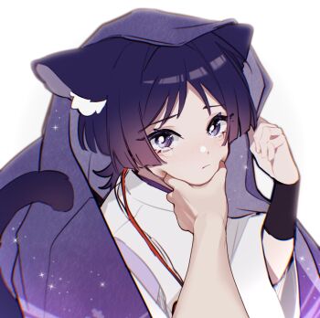 1boy animal_ear_fluff animal_ears armor blunt_ends bright_pupils cat_boy cat_ears cat_tail closed_mouth clothing_cutout crying crying_with_eyes_open eyelashes genshin_impact hand_up highres japanese_armor japanese_clothes kariginu kimono kote kurokote layered_sleeves light_blush looking_at_viewer male_focus meme pom_pom_(clothes) pov_cheek_grabbing_(meme) purple_eyes purple_hair purple_kimono purple_sleeves purple_veil scaramouche_(genshin_impact) scaramouche_(kabukimono)_(genshin_impact) shoulder_cutout solo string tail tears three-quarter_sleeves upper_body veil w02_14 white_background white_pupils white_sleeves wispy_bangs