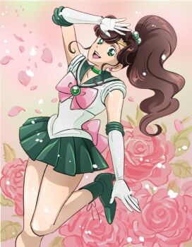 1girl bishoujo_senshi_sailor_moon bow brown_hair choker commentary_request earrings elbow_gloves flower gloves green_choker green_eyes green_sailor_collar green_skirt hair_bobbles hair_ornament jewelry kino_makoto long_hair magical_girl pink_bow ponytail rose sailor_collar sailor_jupiter sailor_senshi_uniform skirt smile solo tsubatsuba_(tsubame) white_gloves