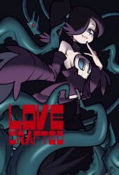 Rule 34 | 1girl, alternate color, black background, blue eyes, detached collar, detached sleeves, dress, fujimna, grin, leviathan (skullgirls), purple hair, red eyes, smile, solo, stitched mouth, stitches, striped sleeves, sweatdrop, tentacles, zone-tan, zone-tan (cosplay)