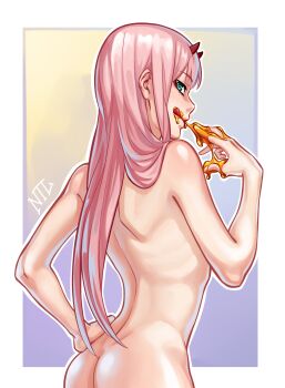 1girl ass back commentary completely_nude darling_in_the_franxx dimples_of_venus eyeliner from_behind green_eyes hair_over_breasts hairband hand_on_own_hip highres honey horns licking_lips long_hair looking_at_viewer looking_back makeup nicktolab nude pink_hair red_eyeliner red_horns solo tongue tongue_out zero_two_(darling_in_the_franxx)