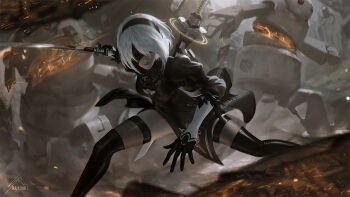 1girl 2b_(nier:automata) black_boots black_dress black_hairband black_thighhighs blindfold blurry blurry_background blurry_foreground boots breasts cleavage_cutout clothing_cutout dress female_focus fighting fighting_stance gloves hairband juliet_sleeves katana lips long_sleeves machine medium_breasts motion_blur nier:automata nier_(series) pod_(nier:automata) puffy_sleeves raikoart robot short_hair silver_hair solo sword thighhighs thighhighs_under_boots weapon