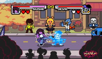 1other 3boys 4girls animated animated_gif antlers artist_name beak berdly_(deltarune) clothes_around_waist deltarune ditchu evo_moment_#37 evolution_championship_series fighting fighting_stance furry furry_female furry_male gameplay_mechanics health_bar highres horns jevil kicking kris_(deltarune) monster_boy monster_girl monster_kid_(undertale) multiple_boys multiple_girls noelle_holiday papyrus_(undertale) parody parrying pixel_art road sans_(undertale) silhouette street street_fighter street_fighter_iii_(series) tank_top undertale undyne utdr_(toby_fox)