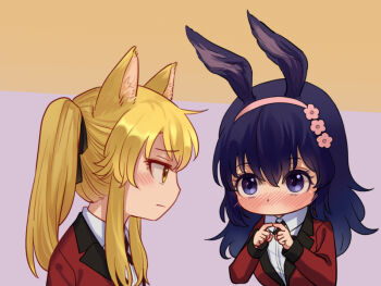 2girls animal_ears blazer blonde_hair blue_eyes blue_hair blush cat_ears cat_girl chibi eye_contact flower hair_flower hair_ornament hair_ribbon hairband hanatemari_tsuzura hyakkaou_academy_school_uniform jacket kakegurui long_hair looking_at_another multiple_girls no_mouth purple_background rabbit_ears rabbit_girl ribbon saotome_mary school_uniform simple_background twiddling_fingers twintails upper_body uranium_(a3uki) yellow_background yellow_eyes yuri