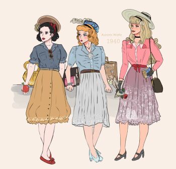 1940 1940s_(style) 3girls aurora_(disney) aurora_williams black_hair blonde_hair blue_eyes bow cinderella_(disney_character) cinderella_(disney_movie) disney disney_princess dress highres long_hair looking_at_viewer multiple_girls puffy_sleeves short_hair short_sleeves sleeping_beauty_(disney) smile snow_white_(disney) snow_white_and_the_seven_dwarfs_(disney)