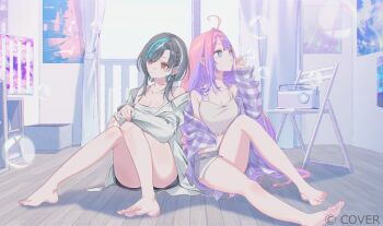 2girls ahoge air_bubble barefoot braid breasts bubble cleavage closed_mouth feet full_body hololive hololive_dev_is indoors jacket kikirara_vivi long_hair long_sleeves looking_to_the_side misumi_(macaroni) multicolored_hair multiple_girls off_shoulder official_art open_clothes open_jacket pointy_ears rindo_chihaya short_hair_with_long_locks short_shorts shorts sitting smile soles toes virtual_youtuber