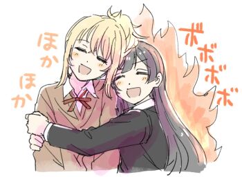 2girls :d =_= black_hair black_jacket blonde_hair blush brown_cardigan cardigan closed_eyes collared_shirt commentary_request dress_shirt fire hug hug_from_side jacket long_hair long_sleeves loose_neck_ribbon love_live! love_live!_nijigasaki_high_school_idol_club medium_hair miyashita_ai multiple_girls neck_ribbon nijigasaki_school_uniform open_mouth ponytail red_ribbon ribbon school_uniform shirt short_ponytail smile solllolll v-shaped_eyebrows white_shirt winter_uniform yuki_setsuna