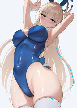 1girl absurdres animal_ears armpits arms_up blonde_hair blue_archive blue_bow blue_eyes blue_hair blue_halo blue_leotard blush bow breasts closed_mouth covered_navel cowboy_shot earpiece expressionless fake_animal_ears fake_tail from_below halo highleg highleg_leotard highres large_breasts leotard long_hair looking_at_viewer multicolored_hair official_alternate_costume playboy_bunny rabbit_ears rabbit_pose rabbit_tail revision simple_background solo sound_effects standing strapless strapless_leotard streaked_hair tail thighhighs toki_(blue_archive) toki_(bunny)_(blue_archive) two-tone_hair user_xkka4243 white_background white_thighhighs white_wrist_cuffs wrist_cuffs