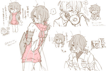 Rule 34 | 1boy, 1other, ?, absurdres, antennae, aran sweater, arrow (symbol), arthropod boy, arthropod limbs, back, backless dress, backless outfit, backless sweater, bandage on face, bandage over one eye, bandaged head, bandages, bare back, bare shoulders, beard stubble, boots, breast pocket, brown hair, cable knit, chibi, chibi inset, clock, closed eyes, closed mouth, coat, cockroach boy, collared shirt, covered collarbone, dante (limbus company), donut, dress, eating, facial hair, fang, fangs, fire, food, from behind, from side, g corp. (identity) (project moon), gloves, gregor (project moon), hair between eyes, hair ribbon, halterneck, heart, highres, holding, holding donut, holding food, insect wings, jacket, lily26983455, limbus company, limited palette, long hair, looking at viewer, looking back, low ponytail, male focus, monochrome, monster boy, multiple views, naked sweater, necktie, object head, one eye covered, open mouth, pants, partially colored, pink dress, pink ribbon, pink sweater, pocket, ponytail, pouch, project moon, puffy cheeks, ribbed sweater, ribbon, shirt, simple background, sketch, skin fang, sleeves rolled up, spoken heart, spoken question mark, stubble, sweatdrop, sweater, sweater dress, turtleneck, turtleneck shirt, turtleneck sweater, virgin killer sweater, white background, wings