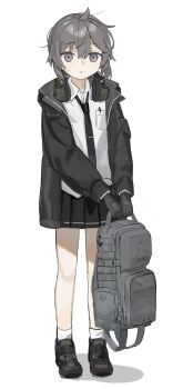 1girl backpack bag black_gloves black_jacket black_skirt blush closed_mouth collared_shirt commentary_request dress_shirt full_body girls&#039;_frontline gloves grey_eyes grey_hair hair_between_eyes headphones highres holding holding_bag jacket loafers long_sleeves looking_at_viewer m200_(girls&#039;_frontline) necktie open_clothes open_jacket pleated_skirt shirt shoes skirt socks solo standing white_background white_shirt yuki_hotaru