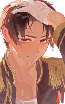1boy axis_powers_hetalia bags_under_eyes black_hair black_jacket closed_mouth commentary_request epaulettes hand_on_own_head highres jacket japan_(hetalia) long_sleeves looking_at_viewer male_focus military_uniform pipinopipi0219 red_eyes shirt simple_background solo upper_body wet wet_gloves wet_hair white_background white_shirt