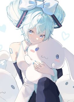 1girl :3 aqua_eyes aqua_hair aqua_nails aqua_trim bare_shoulders black_sleeves blue_bow blush_stickers bow cinnamiku cinnamoroll closed_mouth collared_shirt commentary_request detached_sleeves double-parted_bangs fingernails fuwa_fuwa_cinnamoroll gaetta00 hair_between_eyes hair_bow hatsune_miku highres korean_commentary light_smile nail_polish sanrio shirt shoulder_tattoo sleeveless sleeveless_shirt tattoo vocaloid white_shirt
