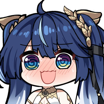 1girl @_@ ahoge armlet artistic_error bare_shoulders blue_hair blush breasts chibi chibi_only cleavage commentary english_commentary gradient_hair iuno_(wuthering_waves) jewelry laurel_crown long_hair medium_breasts multicolored_hair nose_blush open_mouth simple_background smile solo streaked_hair sweat twintails twomoon white_background wuthering_waves