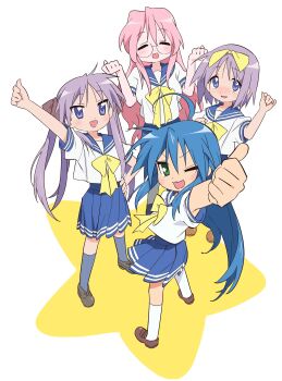 4girls ^_^ absurdres ahoge arm_up asdf_4532 blue_eyes blue_hair blue_sailor_collar blue_skirt blush bow bow_hairband bowtie brown_shoes closed_eyes commentary full_body glasses green_eyes grey_socks hair_between_eyes hair_intakes hairband hand_on_own_hip hand_up hands_up highres hiiragi_kagami hiiragi_tsukasa izumi_konata long_hair looking_at_viewer lucky_star mole mole_under_eye multiple_girls nose_blush one_eye_closed pink_hair pleated_skirt purple_eyes purple_hair round_eyewear ryouou_school_uniform sailor_collar sailor_shirt school_uniform semi-rimless_eyewear shirt shoes short_hair short_sleeves siblings sisters skirt socks standing star_(symbol) summer_uniform takara_miyuki thumbs_up under-rim_eyewear white_shirt white_socks yellow_bow yellow_bowtie yellow_hairband