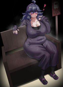 1girl @_@ ahoge breasts cleavage covered_navel curvy female_focus full_body heart heart-shaped_pupils hex_maniac_(pokemon) hex_maniac_(pokemon_xy) highres huge_breasts long_hair looking_at_viewer matching_hair/eyes nail_polish nintendo plump pokemon pokemon_xy purple_eyes purple_hair pussy_juice sitting solo steaming_body symbol-shaped_pupils thick_thighs thighs ytrall