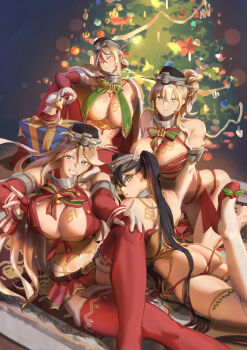 4girls absurdres ass black_hair blonde_hair blue_eyes breasts butt_crack christmas christmas_present christmas_tree cleavage dog elbow_gloves fingerless_gloves garter_straps gift gloves headgear highres iowa_(kancolle) kantai_collection large_breasts long_hair multicolored_hair multiple_girls original red_thighhighs ribbon santa_costume star-shaped_pupils star_(symbol) symbol-shaped_pupils thighhighs uss_missouri_(bb-63)_(ye_fan) uss_new_jersey_(bb-62)_(ye_fan) uss_wisconsin_(bb-64)_(ye_fan) ye_fan