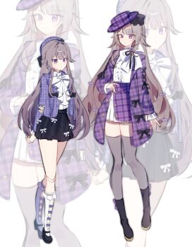 2girls black_skirt blouse doll_joints flower frilled_shirt_collar frills hat hat_flower herta_(honkai:_star_rail) herta_(puppet)_(honkai:_star_rail) highres honkai:_star_rail honkai_(series) jacket joints long_hair long_sleeves multiple_girls open_clothes open_jacket pino_(pino2452) purple_eyes purple_jacket shirt skirt smile the_herta_(honkai:_star_rail) white_shirt