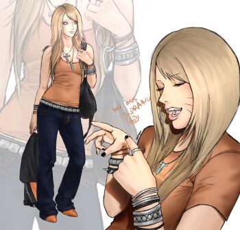 1girl alternate_costume alternate_hairstyle artist_name avril_lavigne avril_lavigne_(cosplay) belt black_bag black_eyeshadow black_jacket black_nails bleeehrghw blonde_hair blue_eyes blue_pants bracelet closed_eyes closed_mouth commentary cosplay cross cross_necklace crystal_necklace denim earrings english_commentary english_text eyelashes eyeshadow facial_mark full_body genderswap genderswap_(mtf) hair_over_breasts hands_up hashtag-only_commentary highres holding holding_jacket holding_unworn_clothes hoop_earrings ibispaint_(medium) jacket jeans jewelry kitten_heels long_hair looking_to_the_side lowleg lowleg_pants makeup multiple_bracelets multiple_views naruko_(naruto) naruto_(series) necklace open_mouth orange_shirt orange_shoes orange_tank_top pants photo-referenced shirt shoes silver_bracelet silver_earrings silver_ring smile_emoji spiked_bracelet spikes straight_hair studded_belt studded_bracelet swept_bangs t-shirt tank_top teeth tongue unworn_jacket uzumaki_naruto whisker_markings white_background y2k_fashion zoom_layer