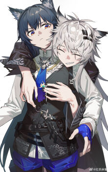 2girls absurdres animal_ear_fluff animal_ear_piercing animal_ears annoyed antenna_hair arknights arm_around_neck arm_up belt belt_pouch black_belt black_coat black_hair black_nails black_pantyhose black_skirt black_vest blue_eyes blue_gloves blue_hair blue_necktie blue_shorts breasts buttons closed_eyes closed_mouth coat collared_shirt commentary cowboy_shot dress_shirt eyelashes facing_viewer film_grain fingerless_gloves fingernails from_behind gloves grey_hair grin hair_between_eyes hair_intakes hair_ornament hairclip hand_on_another's_chest hand_up head_on_another's_shoulder head_tilt high_collar highres hongchamashu hug hug_from_behind lappland_(arknights) lappland_(refined_horrormare)_(arknights) leaning leaning_on_person long_hair long_sleeves looking_at_another looking_down looking_to_the_side medium_breasts messy_hair miniskirt multicolored_eyes multiple_girls nail_polish necktie official_alternate_costume orange_eyes pantyhose pantyhose_under_shorts parted_lips pouch pout scar scar_across_eye scar_on_face shadow sharp_teeth shirt short_shorts shorts shoulder_strap simple_background skirt smile standing strap symbol-only_commentary teeth texas_(arknights) texas_the_omertosa_(arknights) torn_clothes torn_coat torn_necktie torn_sleeves two-tone_eyes v-shaped_eyebrows very_long_hair vest watermark weibo_watermark white_background white_shirt wide_sleeves wing_collar wolf_ears wolf_girl yuri