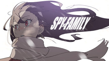 1girl black_hair copyright_name earrings f11417073 floating_hair floating_scarf gold_earrings hairband jewelry long_hair looking_to_the_side parted_lips portrait red_eyes scarf snow snowing solo spy_x_family teeth upper_teeth_only white_background white_hairband wind wind_lift yor_briar