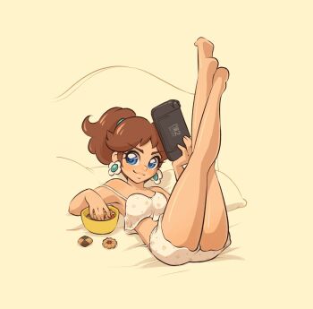1girl bowl brown_hair cookie earrings flower_earrings food jewelry legs_up long_hair looking_at_viewer lying lysum mario_(series) midriff nintendo nintendo_switch_2 on_back ponytail princess_daisy simple_background sleepwear