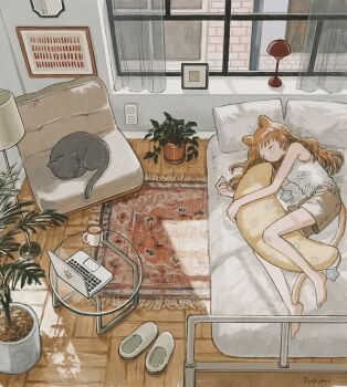 1girl animal animal_ears bed black_cat brown_hair camisole cat cat_ears cat_girl cat_tail computer cup dakimakura_(object) eokaku_surimi highres indoors laptop long_hair lying mug on_side original pillow plant potted_plant rug short_shorts shorts sleeping slice_of_life tail tea window