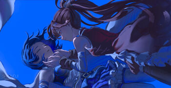 Rule 34 | 2girls, absurdres, artist name, bare shoulders, belt, blue background, blue hair, cape, closed eyes, commentary request, detached sleeves, dress, highres, looking at another, magical girl, mahou shoujo madoka magica, mahou shoujo madoka magica (anime), miki sayaka, miki sayaka (magical girl), multiple girls, ponytail, red dress, red hair, sakura kyoko, sakura kyoko (magical girl), shionoji08, short hair, sleeveless, sleeveless dress, white cape