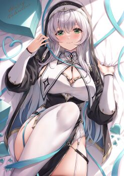 Rule 34 | 1girl, absurdres, blush, breasts, cleavage, commentary request, cowboy shot, garter straps, green eyes, grey hair, happy valentine, heart border, highres, hololive, kamishiro mai (capti-no), large breasts, long hair, lying, nun, official alternate costume, official alternate hairstyle, on back, on bed, shirogane noel, shirogane noel (battle nun), solo, thighhighs, valentine, virtual youtuber, white thighhighs