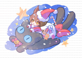 Rule 34 | @ @, animal, animal ears, arknights, bell, black cat, blue eyes, blue sky, bow, brown eyes, brown hair, candy, candy cane, cat, chibi, christmas stocking, eyes visible through hair, food, fur-trimmed headwear, fur-trimmed jacket, fur-trimmed sleeves, fur trim, gingerbread man, hair over one eye, hat, highres, jacket, long sleeves, mini person, miniboy, miss christine (arknights), mittens, myluche, neck bell, nekomata, phantom (arknights), red bow, red mittens, sack, santa costume, santa hat, sky, snow, star (symbol), tail, tail bow, tail ornament, tragodia (arknights)
