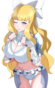 1girl ;p armor bikini_armor blonde_hair blue_eyes blush bow breasts charlotte_(fire_emblem) cleavage fire_emblem fire_emblem_fates gluteal_fold hair_bow hands_on_own_chest highres large_breasts long_hair looking_at_viewer navel nintendo ondur one_eye_closed panties pauldrons shoulder_armor smile solo stomach tongue tongue_out underwear wavy_hair white_bow white_panties