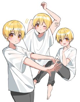 1boy arm_up barefoot blonde_hair blush closed_mouth grey_pants hair_between_eyes highres interlocked_fingers kai_(shell) looking_at_viewer male_focus multiple_views open_mouth orange_eyes outstretched_arms pants root_(stpri) shirt short_hair short_sleeves simple_background smile strawberry_prince stretching white_background white_shirt wings