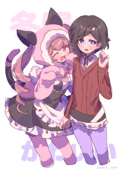 Rule 34 | 2girls, :d, ;3, ;d, animal hood, apron, black dress, black hair, black shorts, blush, breasts, brown hair, cat hood, cat tail, character request, commentary request, copyright request, cropped legs, dot nose, dress, frilled apron, frilled dress, frills, fur-trimmed hood, fur trim, hair through hood, hand up, hands up, hood, hood up, large breasts, long hair, long sleeves, looking at viewer, multiple girls, one eye closed, open mouth, pantyhose, pink pantyhose, purple eyes, purple pantyhose, red eyes, red sweater, serizawa serizane, short hair, shorts, simple background, smile, standing, sweater, tail, twintails, twitter username, waist apron, white apron, white background