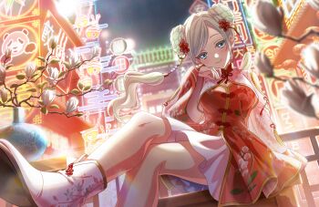 1girl boots braid braided_bun breasts bun_with_braided_base ceras_yanagida_lilienfeld ceras_yanagida_lilienfeld_(shiren_koto_no_suzume) chinese_clothes cleavage cleavage_cutout closed_mouth clothing_cutout crossed_legs double_bun dress egasumi flower game_cg hair_bun hair_extensions hair_flower hair_ornament highres large_breasts link!_like!_love_live! long_hair long_sleeves looking_at_viewer love_live! neon_lights neon_sign non-web_source official_art red_dress red_flower ring_hair_extensions shrug_(clothing) sitting skirt sleeves_past_wrists smile solo virtual_youtuber white_boots white_shrug white_skirt wide_sleeves