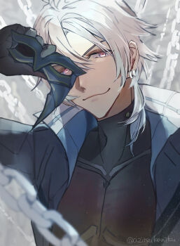 Rule 34 | 1boy, absurdres, azitsukeniku, black bodysuit, black gloves, black jacket, blurry, blurry foreground, bodysuit, chain, closed mouth, crow armbrust, earrings, eiyuu densetsu, eye mask, gloves, hair between eyes, highres, holding, holding mask, jacket, jewelry, looking at viewer, mask, mask over one eye, open clothes, open jacket, red eyes, sen no kiseki (series), sen no kiseki i, sketch, smile, solo, spoilers, upper body, white hair