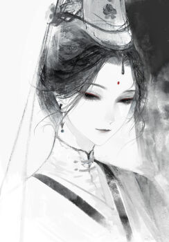 1girl absurdres chinese_clothes chinese_commentary commentary curtained_hair earrings expressionless eyeliner facial_mark forehead_mark gradient_background greyscale guan_hat half-closed_eyes highres jewelry looking_to_the_side makeup mandarin_collar master_ren_(reverse:1999) monochrome nery red_eyeliner reverse:1999 sideways_glance solo spot_color updo upper_body watermark weibo_username weibo_watermark
