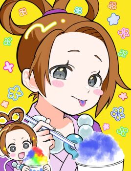 1girl :p ace_attorney bead_necklace beads blush_stickers brown_hair commentary cup drinking_straw food grey_eyes hair_rings holding holding_cup holding_drinking_straw jacket japanese_clothes jewelry kimono magatama magatama_necklace necklace ooxoxxoxooxox outline pearl_fey pink_kimono purple_jacket shaved_ice short_hair smile sparkle symbol-only_commentary tongue tongue_out white_outline yellow_background