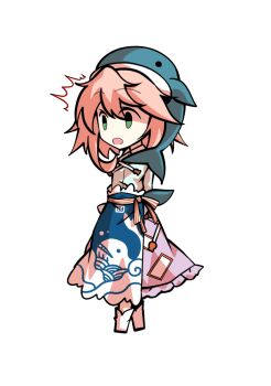 1girl animal_print apron arms_behind_back blue_apron boots chibi chibi_only collared_shirt commentary_request dairi fish_print frilled_skirt frills full_body large_variant_set long_sleeves ofuda ofuda_on_clothes okunoda_miyoi pink_hair pink_skirt print_apron shirt short_hair sidelocks simple_background skirt solo standing tachi-e touhou transparent_background variant_set waist_apron whale_hat whale_print white_boots white_shirt