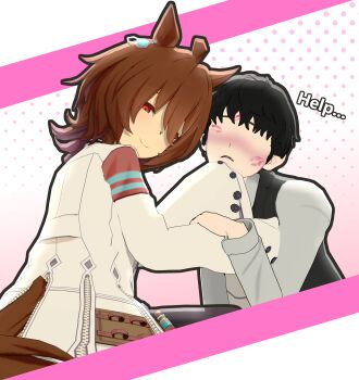 1boy 1girl 3d abstract_background agnes_tachyon_(tach-nology)_(umamusume) agnes_tachyon_(umamusume) ahoge animal_ears artist_request black_hair blush brown_hair faceless faceless_male grabbing_another&#039;s_chin hand_on_another&#039;s_chin hickey horse_ears horse_girl horse_tail lipstick_mark looking_at_viewer looking_back red_eyes short_hair smirk tail text_focus trainer_(umamusume) umamusume