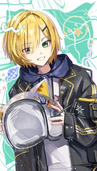 1boy animal_ear_helmet animal_ears animal_helmet black_jacket blonde_hair blue_hood blush cat_ears character_name clothes_writing cowboy_shot drawstring fake_animal_ears green_background green_eyes grin hair_intakes hair_ornament hair_over_one_eye hairclip helmet highres holding holding_unworn_helmet hood hood_down hoodie jacket lapels looking_at_viewer male_focus nijisanji no_headwear notched_lapels open_clothes open_jacket pocket print_hoodie short_hair sleeves_past_wrists smile solo space_helmet standing star_(symbol) sticker unworn_headwear unworn_helmet unzipped uzuki_kou uzuki_kou_(5th_costume) virtual_youtuber white_helmet white_hoodie wolf_cut y_a_z yellow_trim