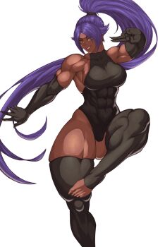 1girl 2024 abs bare_shoulders barefoot black_leotard black_thighhighs bleach bleach:_sennen_kessen-hen breasts collarbone commission dark-skinned_female dark_skin elbow_gloves female_focus gloves hair_ornament highres large_breasts leotard long_hair milka01477 muscular muscular_female parted_bangs ponytail purple_hair sharp_toenails shihouin_yoruichi simple_background teeth thick_thighs thighhighs thighs toenails white_background yellow_eyes