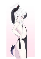 Rule 34 | 1girl, absurdres, apron, ass, black apron, black hair, black horns, blue archive, breasts, commentary request, ear piercing, gradient background, halo, highres, horns, kayoko (blue archive), komasi, looking at viewer, mouth hold, multicolored hair, naked apron, piercing, pink background, profile, red eyes, small breasts, solo, two-tone hair, white halo
