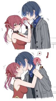 Rule 34 | 2girls, bare arms, black vest, blue eyes, blue hair, blue shirt, blush, character doll, collared shirt, commentary, doll, grey jacket, heart, heterochromia, highres, hiodoshi ao, holding, holding doll, hololive, hololive dev is, houshou marine, jacket, kiss, mochi jiro, multiple girls, red eyes, red hair, red shirt, shirt, simple background, sleeveless, sleeveless shirt, spoken heart, sweat, symbol-only commentary, twintails, vest, virtual youtuber, white background, yellow eyes, yuri