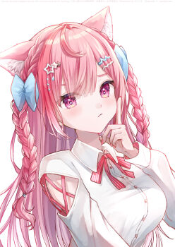 1girl absurdres ahoge animal_ears arm_cutout blue_bow blush bow braid breasts cat_ears cat_girl cat_hair_ornament closed_mouth clothing_cutout collared_shirt finger_to_cheek fingernails hair_bow hair_ornament hairclip highres index_finger_raised indie_virtual_youtuber large_breasts long_hair long_sleeves looking_at_viewer nail_polish neck_ribbon pink_eyes pink_hair pink_nails red_ribbon ribbon shirt simple_background solo star_(symbol) star_hair_ornament two_side_up virtual_youtuber white_background white_shirt wsakuraw yuuki_sakuna