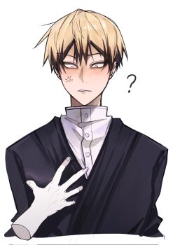 1boy ? anger_vein black_hair blonde_hair blush colored_tips disembodied_hand ear_piercing earrings embarrassed hair_between_eyes hand_on_another&#039;s_chest highres jewelry jujutsu_kaisen male_focus multicolored_hair piercing short_hair simple_background solo streaked_hair two-tone_hair white_background xingkon818 zen&#039;in_naoya