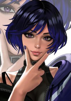 1girl black_hair closed_mouth commentary english_commentary highres jacket kittymiya looking_at_viewer multicolored_hair purple_eyes purple_hair purple_jacket purple_nails reina_(tekken) short_hair smile solo tekken tekken_8 two-tone_hair v