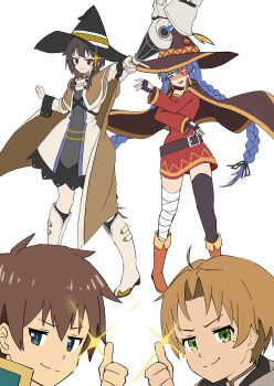 absurdres ahoge braid brown_hair cosplay crossover green_eyes hat highres kono_subarashii_sekai_ni_shukufuku_wo! looking_at_viewer mage_staff megumin megumin_(cosplay) mole mole_under_eye mushoku_tensei roxy_migurdia roxy_migurdia_(cosplay) rudeus_greyrat satou_kazuma staff thumbs_up tuzikage twin_braids white_background witch_hat