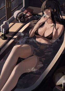 1girl alternate_costume bare_legs bath bathing bikini black_bikini black_eyes black_hair blunt_bangs book breasts brown_eyes candle cleavage female_focus finger_to_mouth fire_emblem fire_emblem_awakening heavy_breathing highres indoors j@ck large_breasts long_hair looking_at_viewer matching_hair/eyes nintendo partially_submerged skull smile solo steam swimsuit tharja_(fire_emblem) thighs underboob window