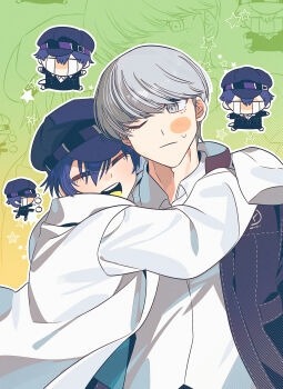 1boy 1girl b3_uwo blue_hair commentary_request grey_hair happy highres hug korean_commentary lab_coat narukami_yu persona persona_4 persona_4_the_golden school_uniform shirogane_naoto short_hair smile tomboy