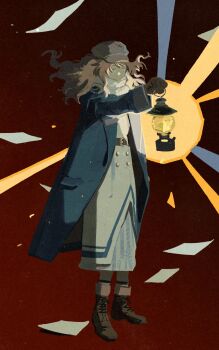 1girl ankle_boots blue_coat blue_eyes boots brown_boots brown_gloves brown_hair coat dress floating_hair flying_paper full_body gloves glowing grey_hat hat highres holding holding_lantern lantern long_dress marcus_(reverse:1999) newsboy_cap paper red_background reverse:1999 scarf socks solo white_dress white_scarf white_socks yangga1bi