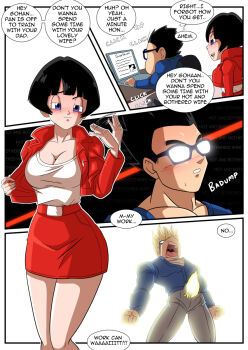 1boy 1girl artist_request black_eyes black_hair blue_eyes blush breasts cleavage couple dragon_ball english_text engrish_text erection excited excited_for_sex glasses highres husband_and_wife muscular muscular_male ranguage son_gohan source_request speech_bubble super_saiyan thick_thighs thighs torn_clothes videl